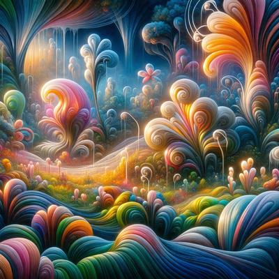 The primary subject of the image is a vibrant and colorful digital artwork featuring a forest of trees and flowers. The setting is a lush, colorful landscape with a variety of trees and flowers, creating a sense of depth and beauty. The visual style is a mix of digital art and illustration, with a focus on vivid colors and intricate details. The dominant colors in the image are a mix of greens, pinks, and yellows, creating a warm and inviting atmosphere.